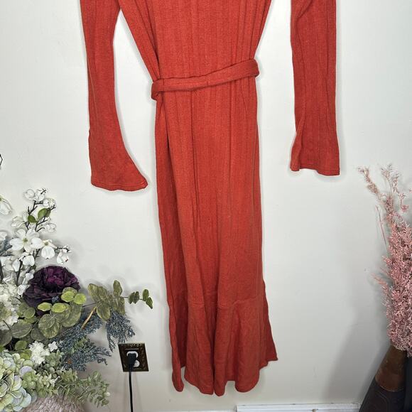 ANTHROPOLOGIE Elsa Rib Button Front Belt Maxi Sweater Dress Orange Sz XS {2C48} - Picture 6 of 8